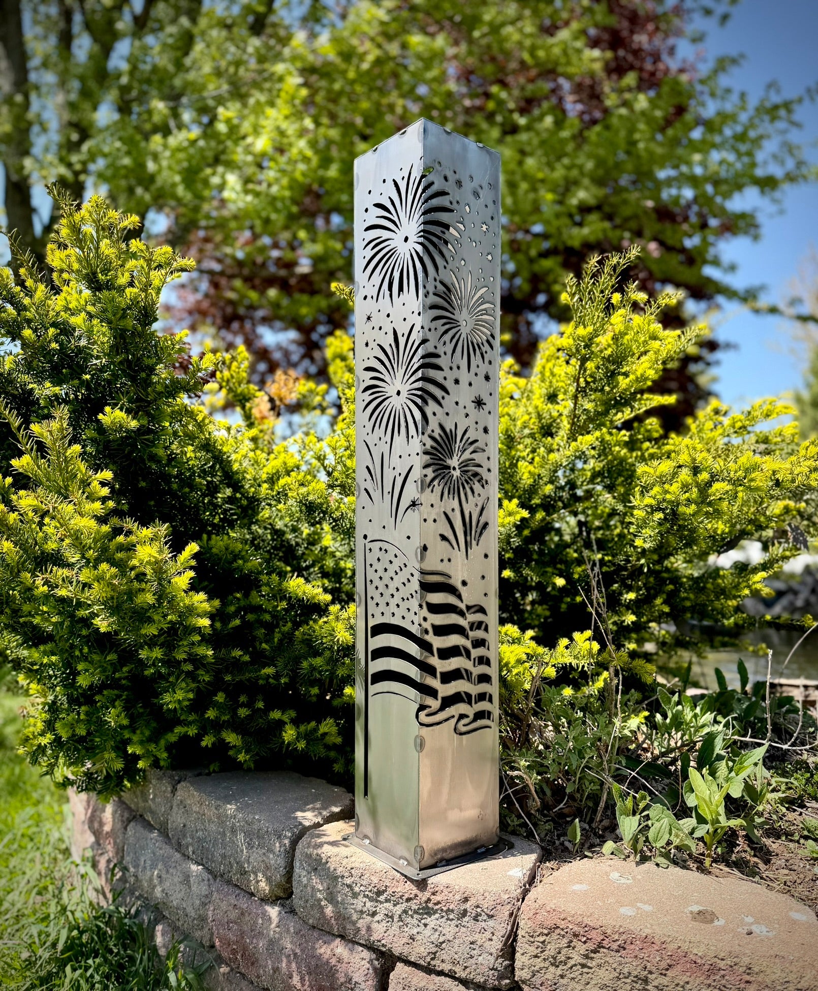 Star - Spangled Nights – Steel Solar Luminary Pillar | 40 - inch - 4th of july lights - 4th of july solar light - Northern Forge, LLC
