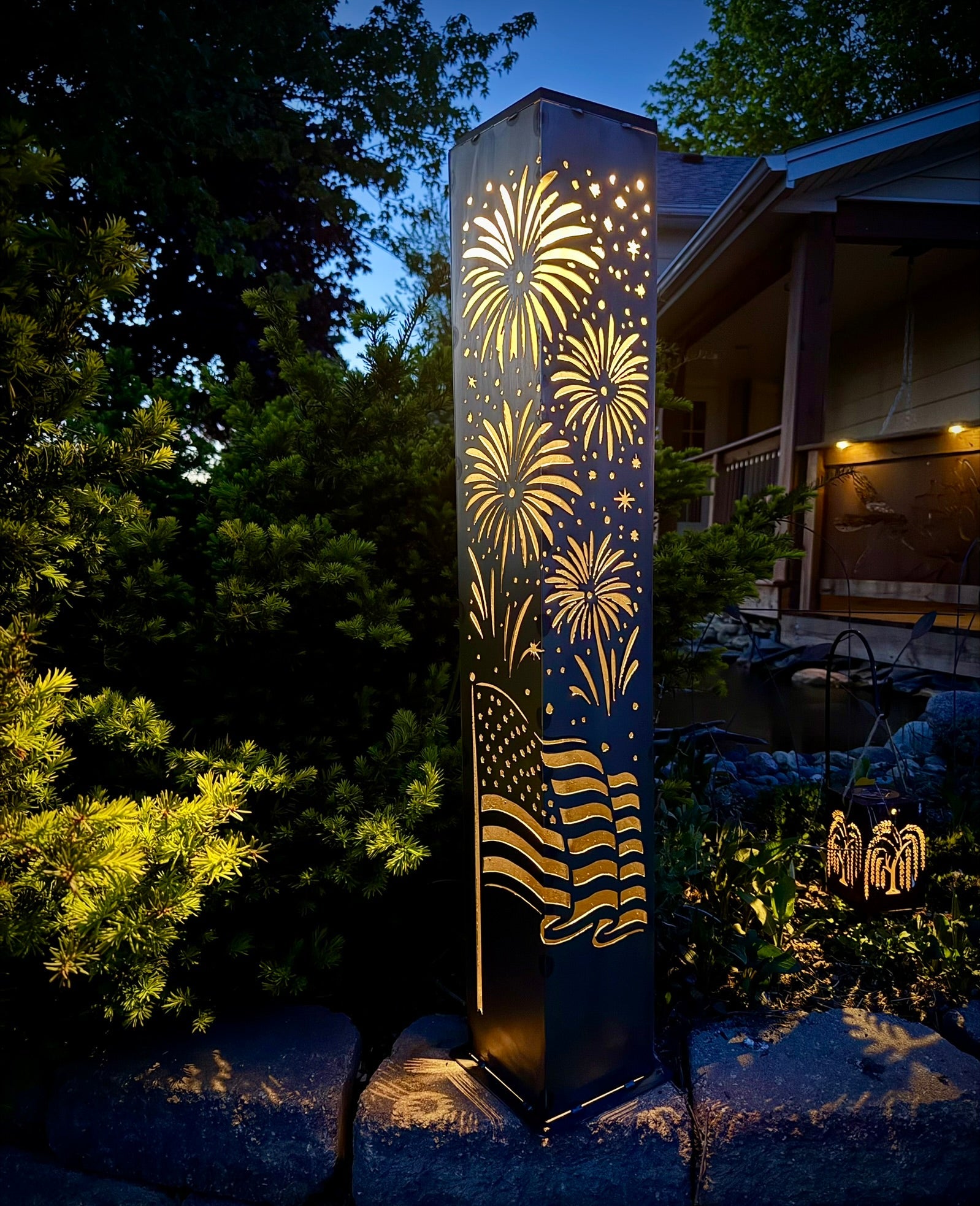 Star - Spangled Nights – Steel Solar Luminary Pillar | 40 - inch - 4th of july lights - 4th of july solar light - Northern Forge, LLC