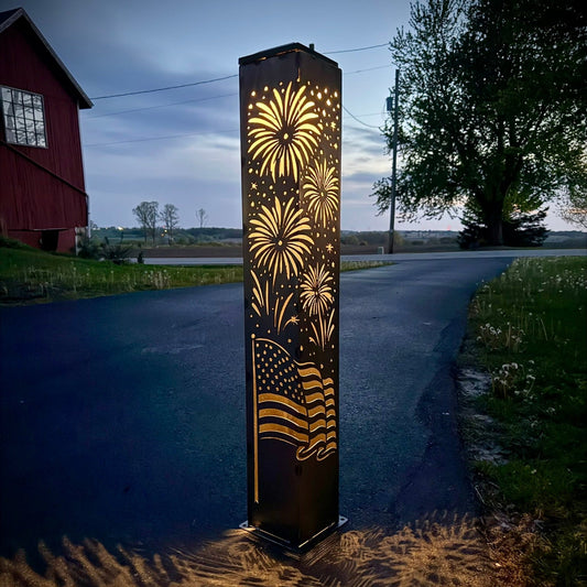 Star - Spangled Nights – Steel Solar Luminary Pillar | 40 - inch - 4th of july lights - 4th of july solar light - Northern Forge, LLC