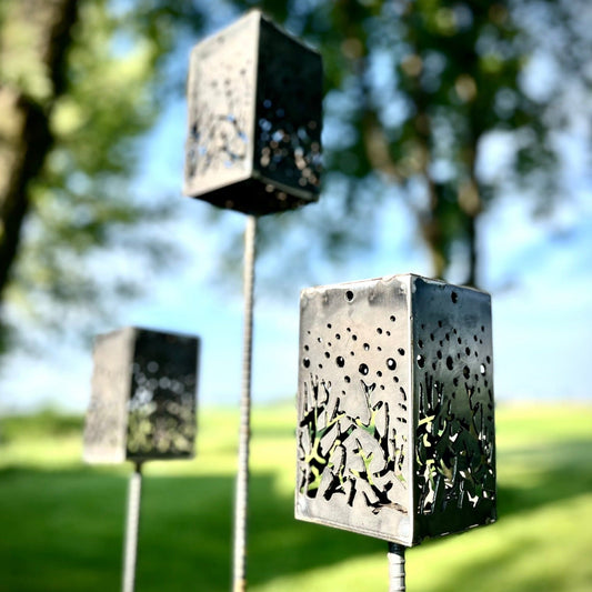 Starry Forest Steel Solar Cube w/ Post - accent lights - deck lights - Northern Forge, LLC