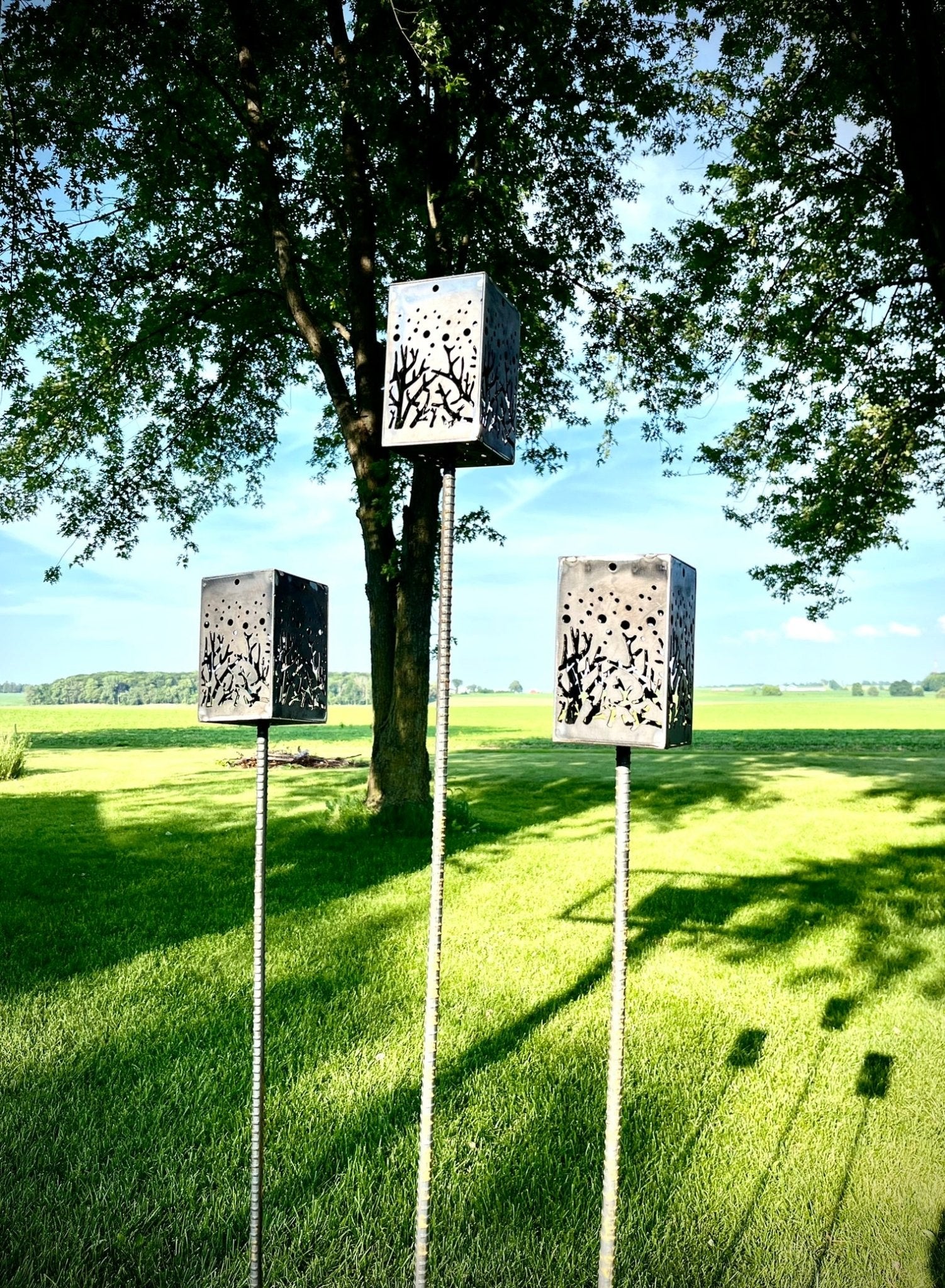 Starry Forest Steel Solar Cube w/ Post - accent lights - deck lights - Northern Forge, LLC