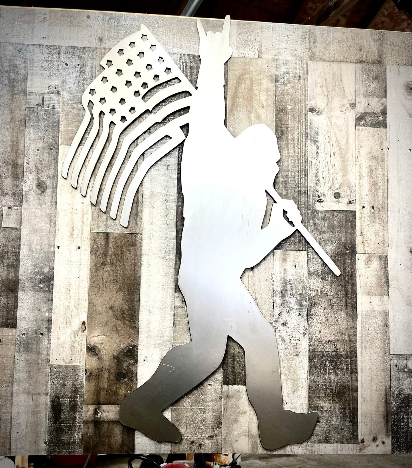 Steel Patriotic Bigfoot w/ Flag - Wall Mount - bar decor - bigfoot american flag - Northern Forge, LLC