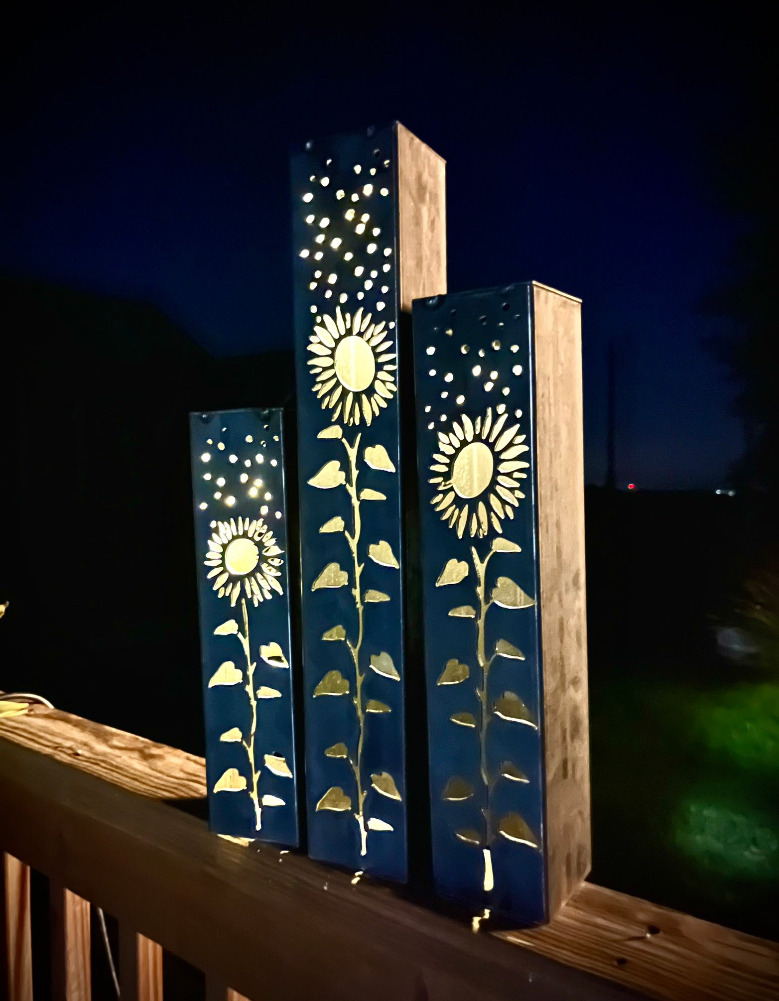 Sunflowers Under the Stars Luminary Pillar w/ Solar Cap | 12 - inch, 14 - inch, 18 - inch - Luminary tube - Mantel Lights - Northern Forge, LLC