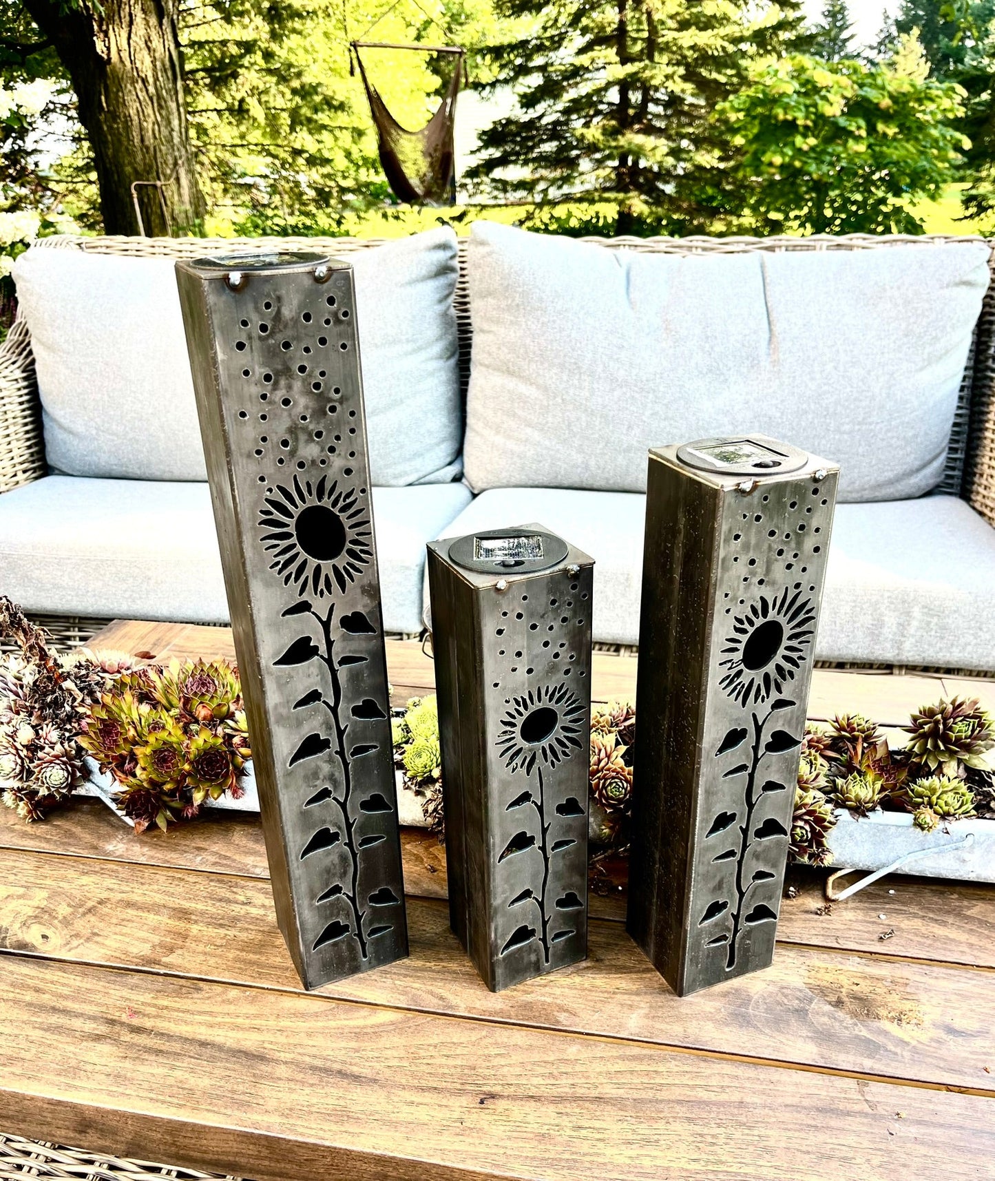 Sunflowers Under the Stars Luminary Pillar w/ Solar Cap | 12 - inch, 14 - inch, 18 - inch - Luminary tube - Mantel Lights - Northern Forge, LLC