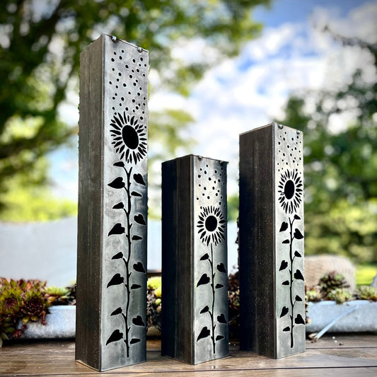 Sunflowers Under the Stars Luminary Pillar w/ Solar Cap | 12 - inch, 14 - inch, 18 - inch - Luminary tube - Mantel Lights - Northern Forge, LLC