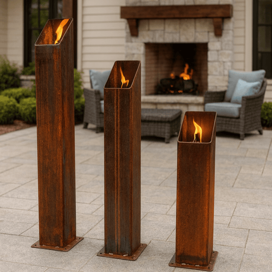 The Little Ember Trio - Rusted Steel Patio Torches - Multiple Sizes - citronella torch - fire pit - Northern Forge, LLC