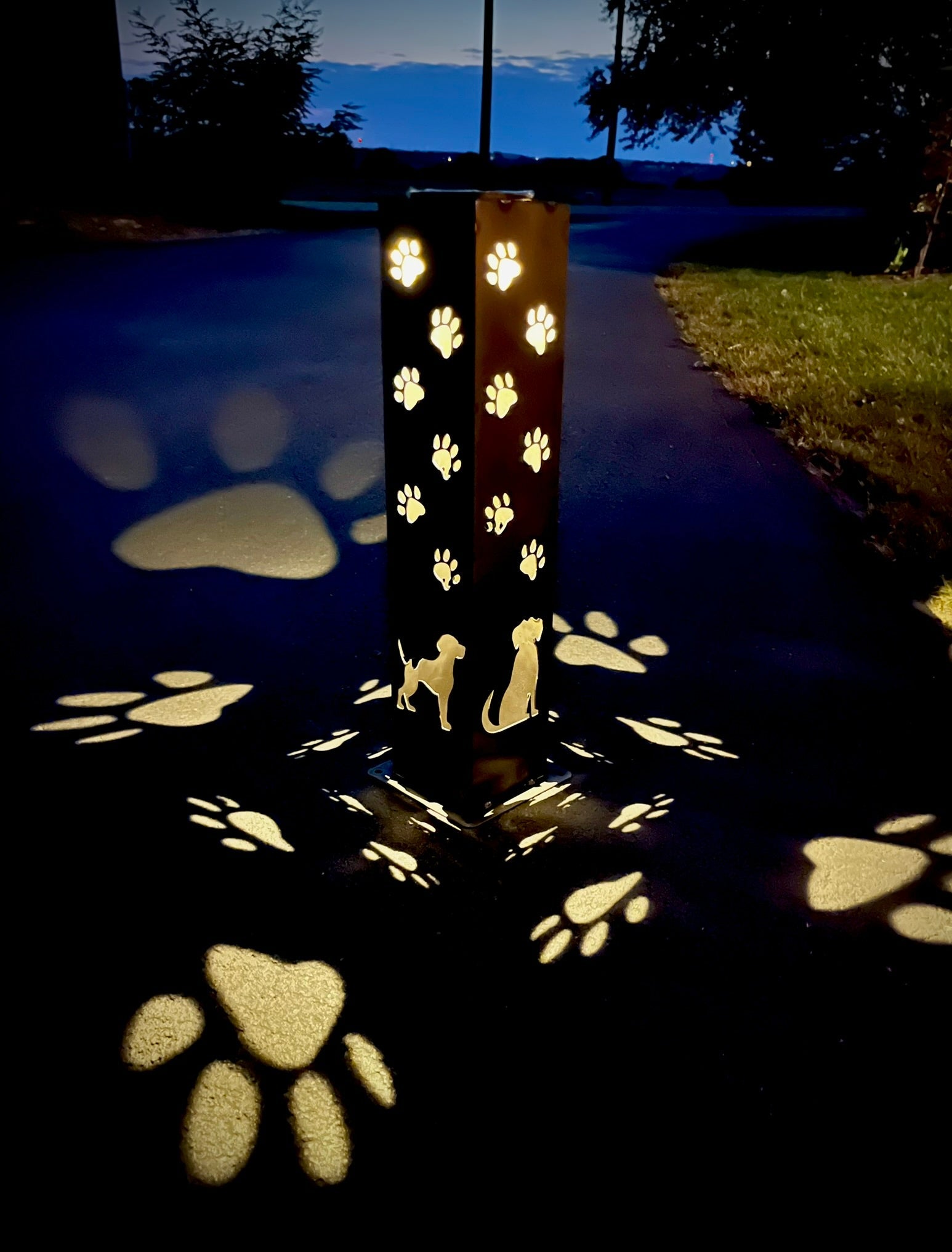 Trail of Paws Solar Pillar - Steel - dog pillar - landscape lighting - Northern Forge, LLC