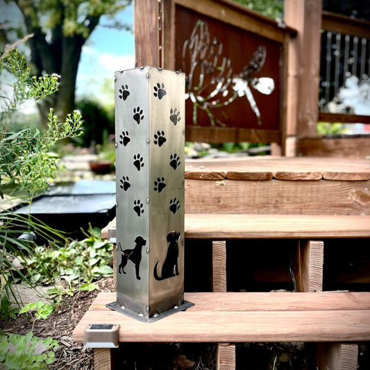 Trail of Paws Solar Pillar - Steel - dog pillar - landscape lighting - Northern Forge, LLC