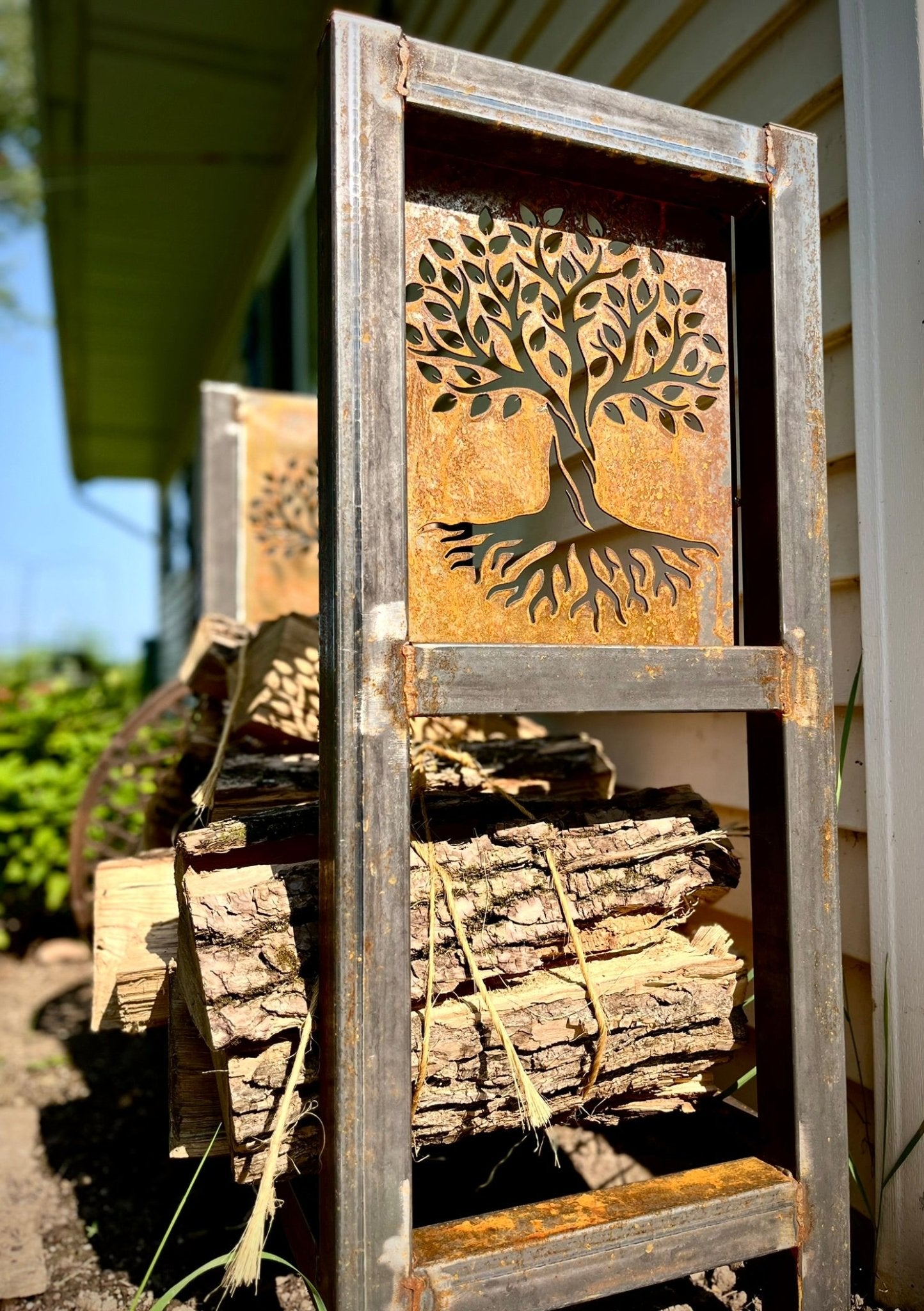 Tree of Life Firewood Rack - Raw Steel - big game - cabin - Northern Forge, LLC