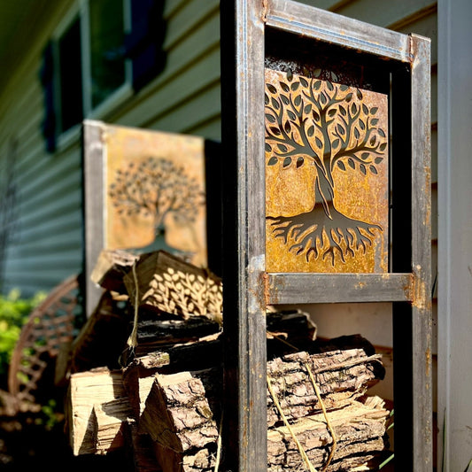 Tree of Life Firewood Rack - Raw Steel - big game - cabin - Northern Forge, LLC