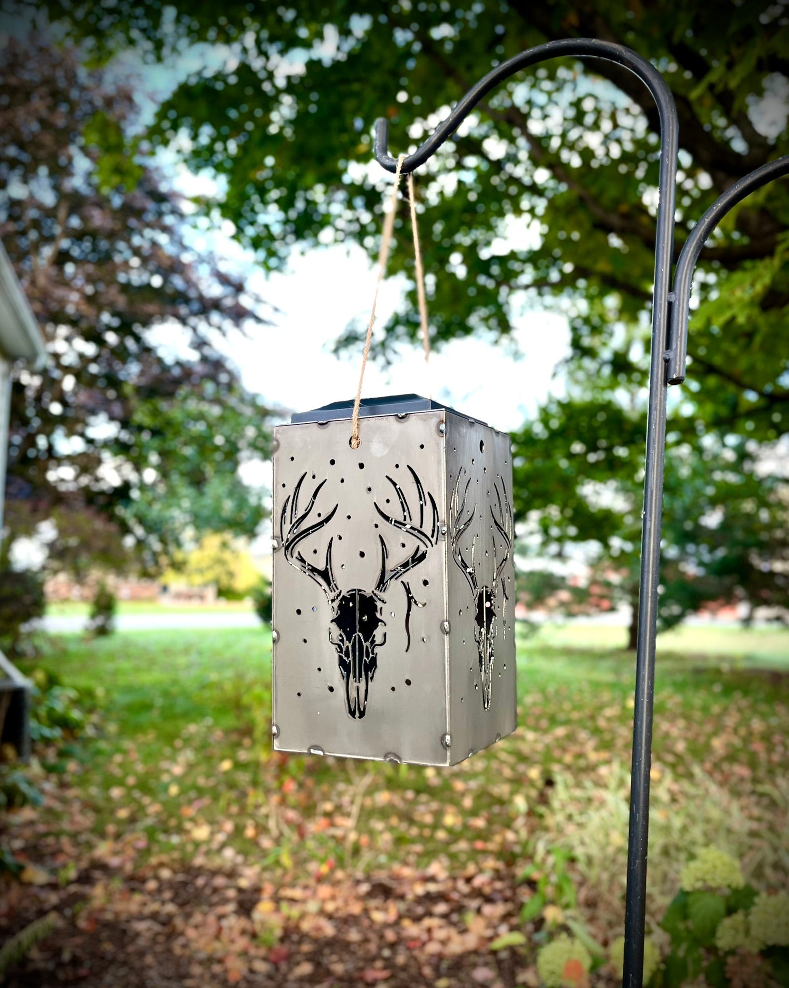Whitetail Moonlight Solar Lantern | 12 in. | Steel | Hangable - accent lights - buck skull lantern - Northern Forge, LLC