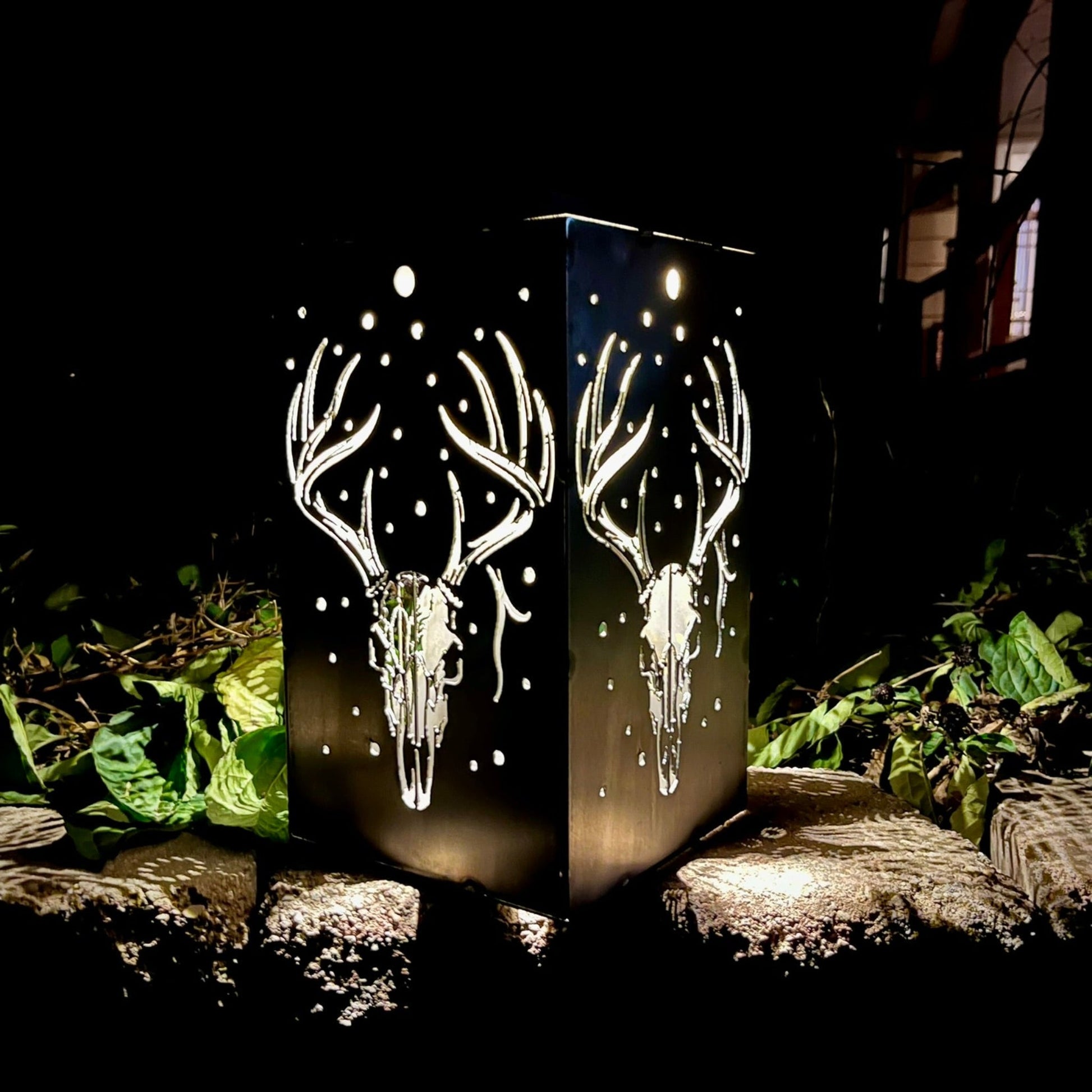 Whitetail Moonlight Solar Lantern | 12 in. | Steel | Hangable - accent lights - buck skull lantern - Northern Forge, LLC