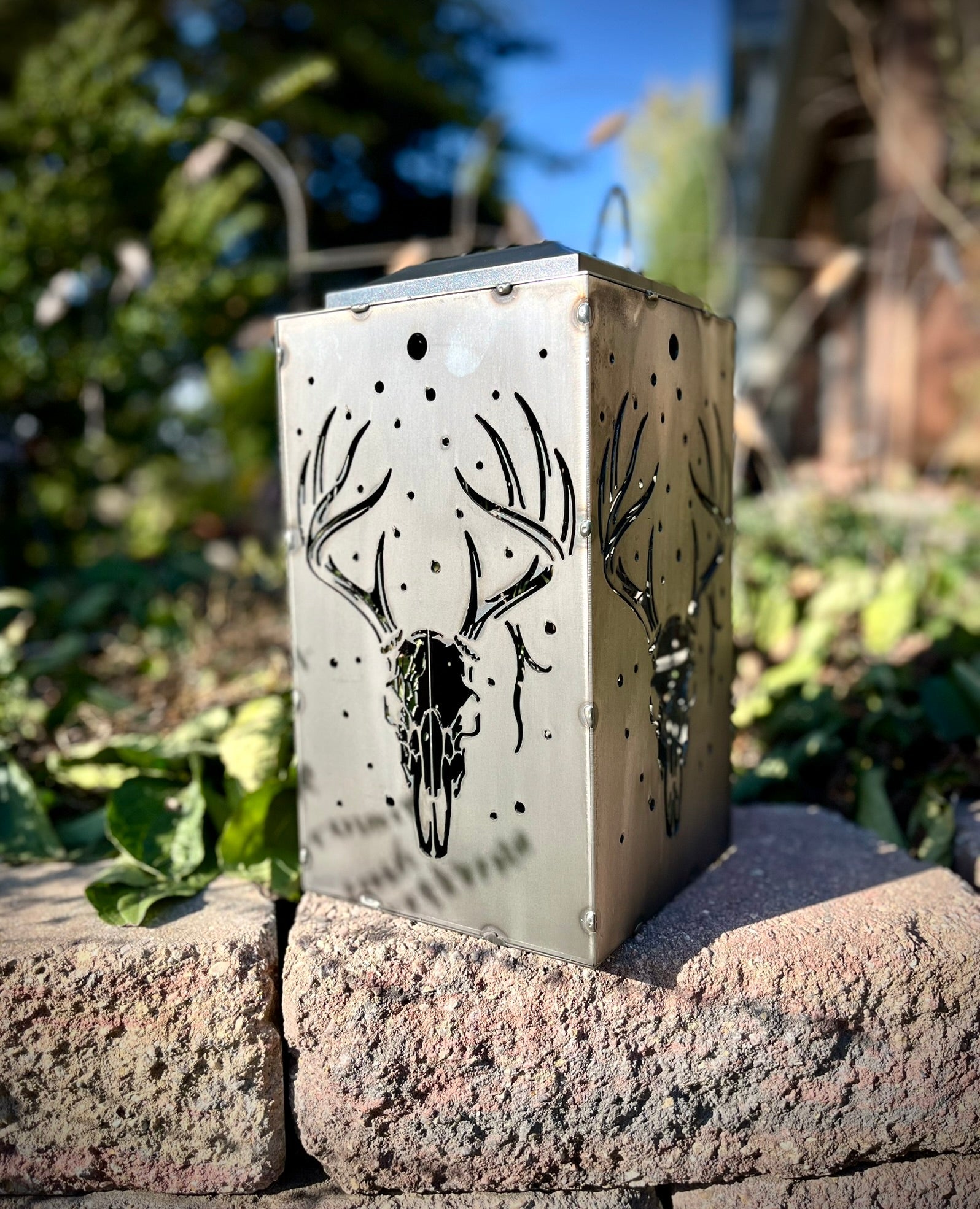 Whitetail Moonlight Solar Lantern | 12 in. | Steel | Hangable - accent lights - buck skull lantern - Northern Forge, LLC