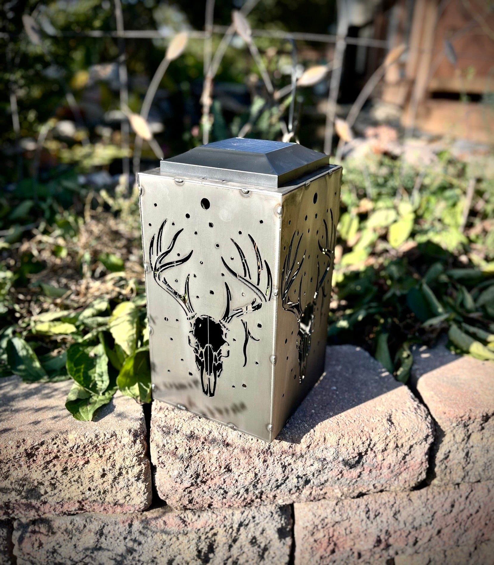 Whitetail Moonlight Solar Lantern | 12 in. | Steel | Hangable - accent lights - buck skull lantern - Northern Forge, LLC