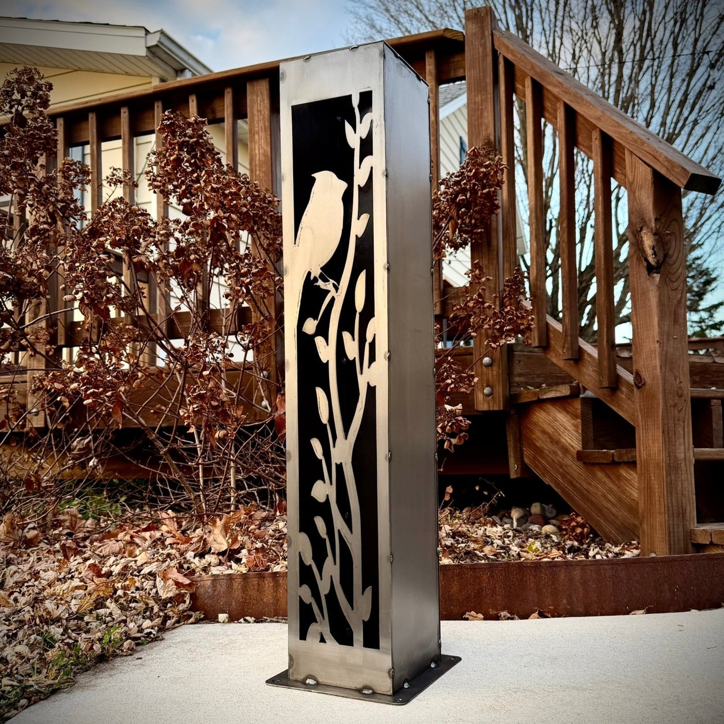 XL Cardinal at Dusk Luminary Pillar w/ Solar Cap | Steel - bird solar light - birds metal light - Northern Forge, LLC