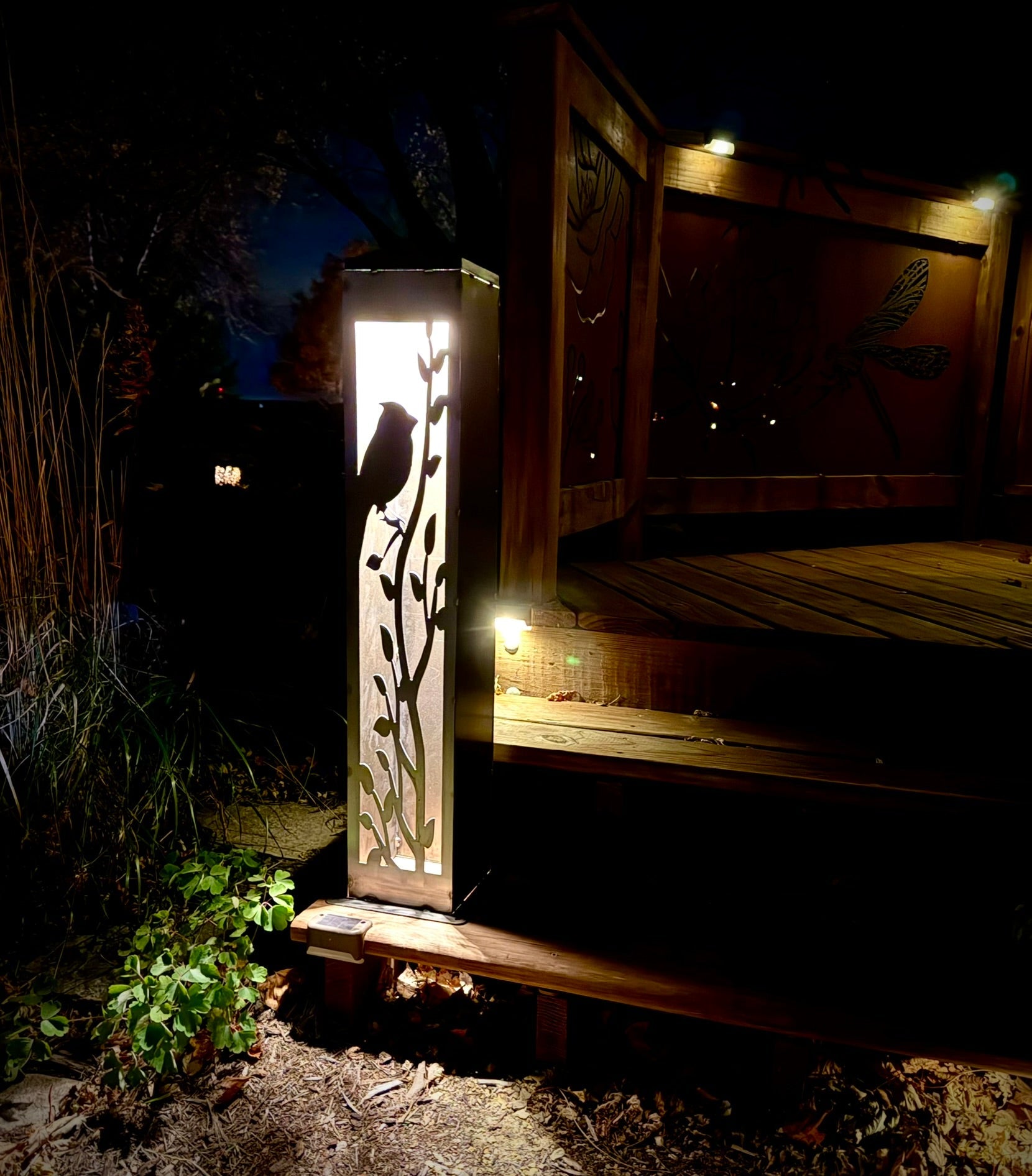 XL Cardinal at Dusk Luminary Pillar w/ Solar Cap | Steel - bird solar light - birds metal light - Northern Forge, LLC