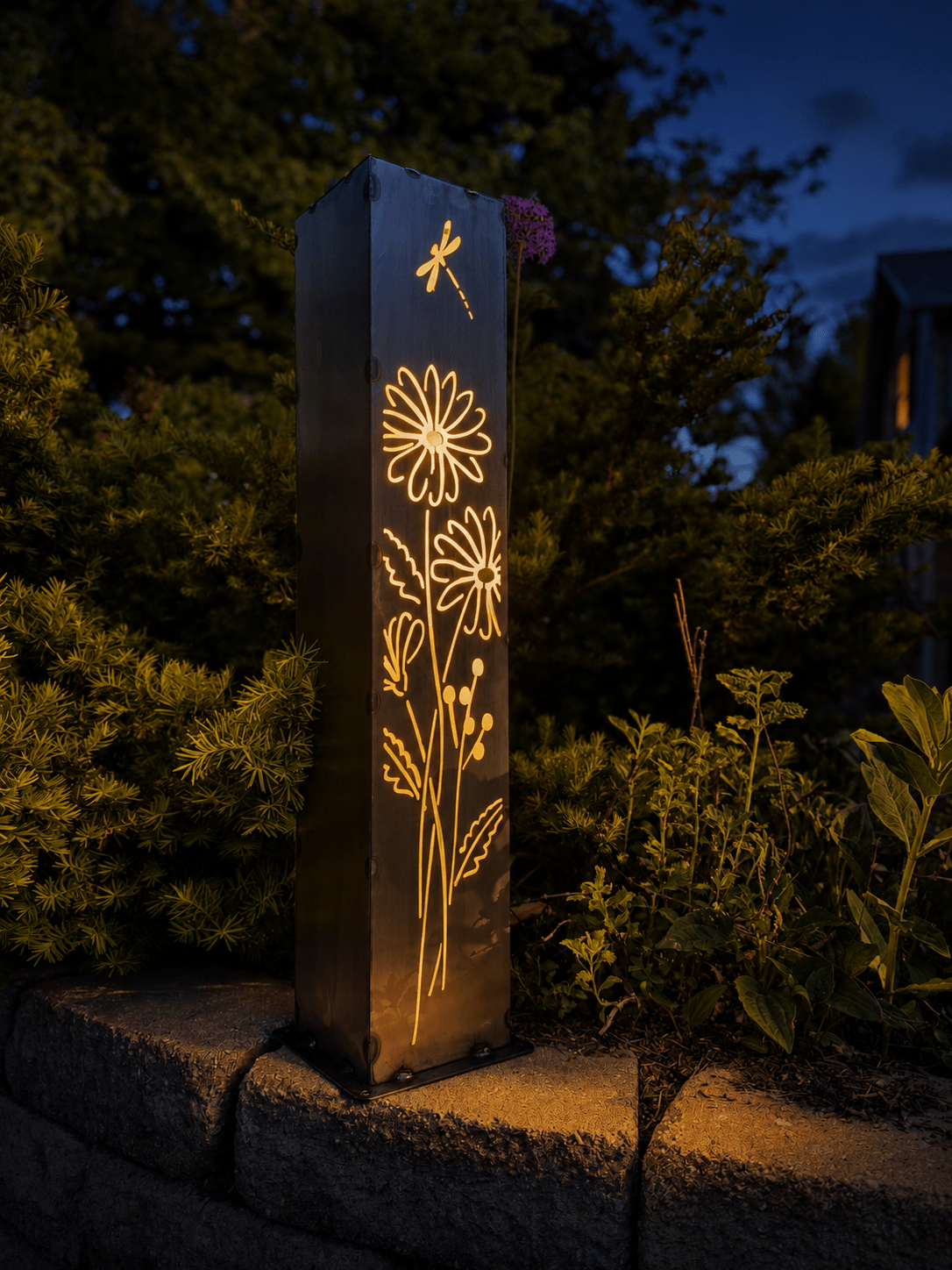 XL Glowing Daisies Luminary Pillar w/ Solar Cap | 32 - inch - daisy solar light - large pillar - Northern Forge, LLC