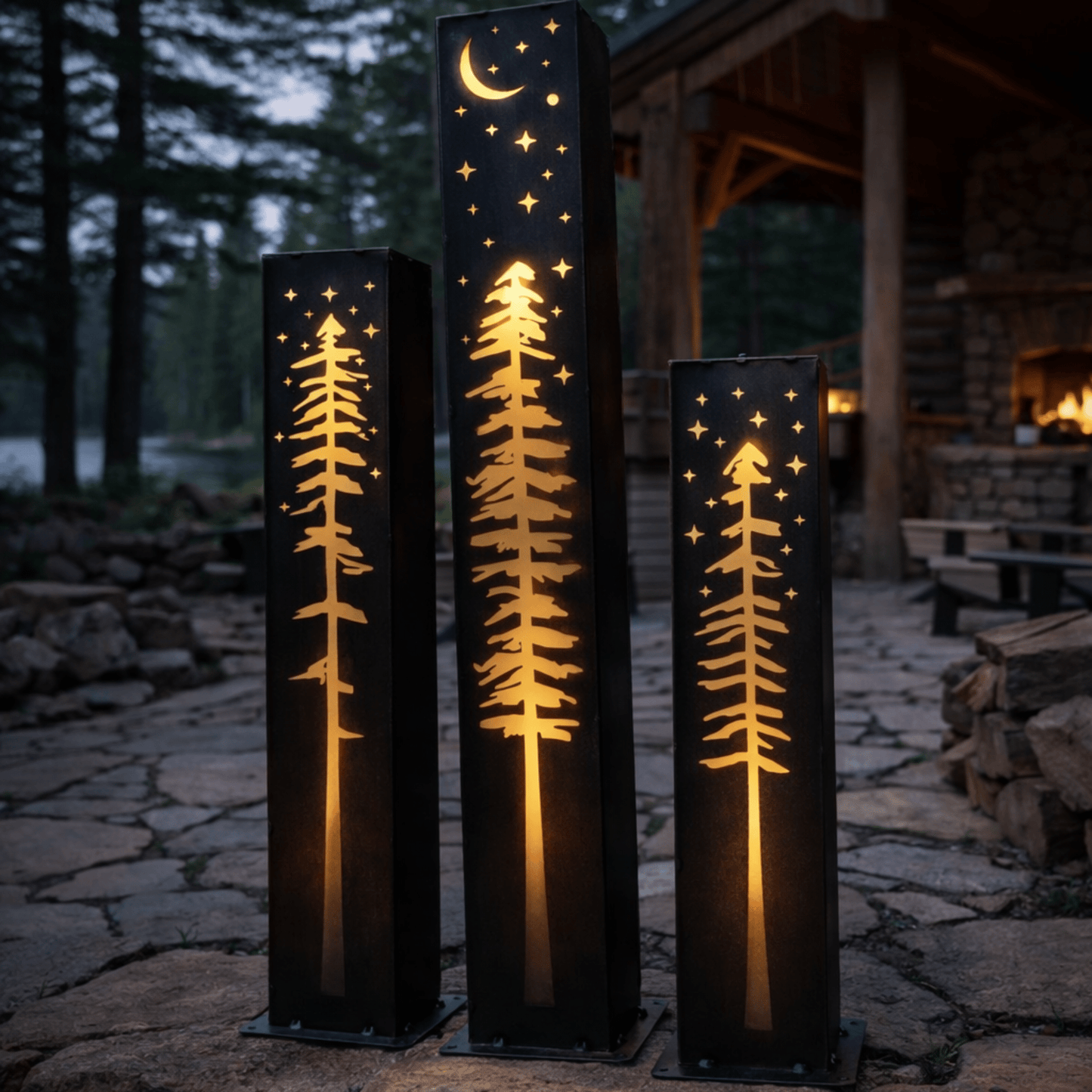 XL Pine Night Sky Solar Luminary Pillar | Steel - cabin decor - christmas - Northern Forge, LLC