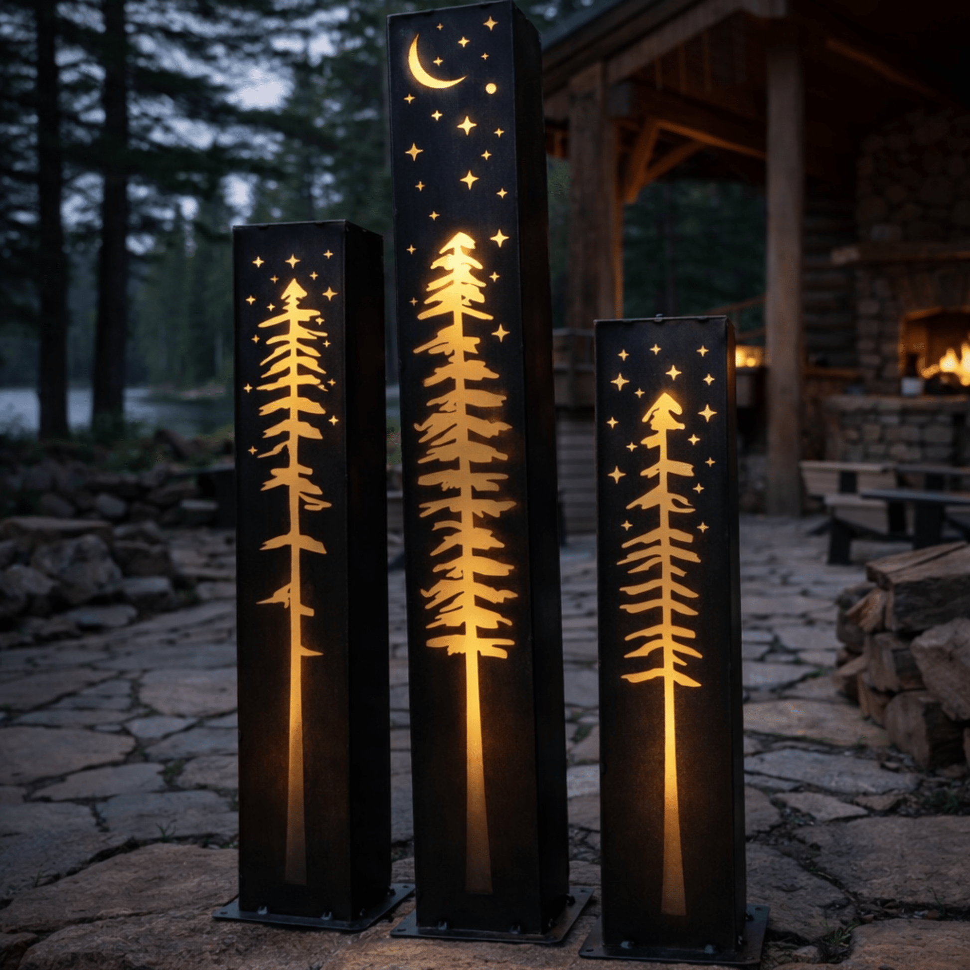 XL Pine Night Sky Solar Luminary Pillar | Steel - cabin decor - christmas - Northern Forge, LLC