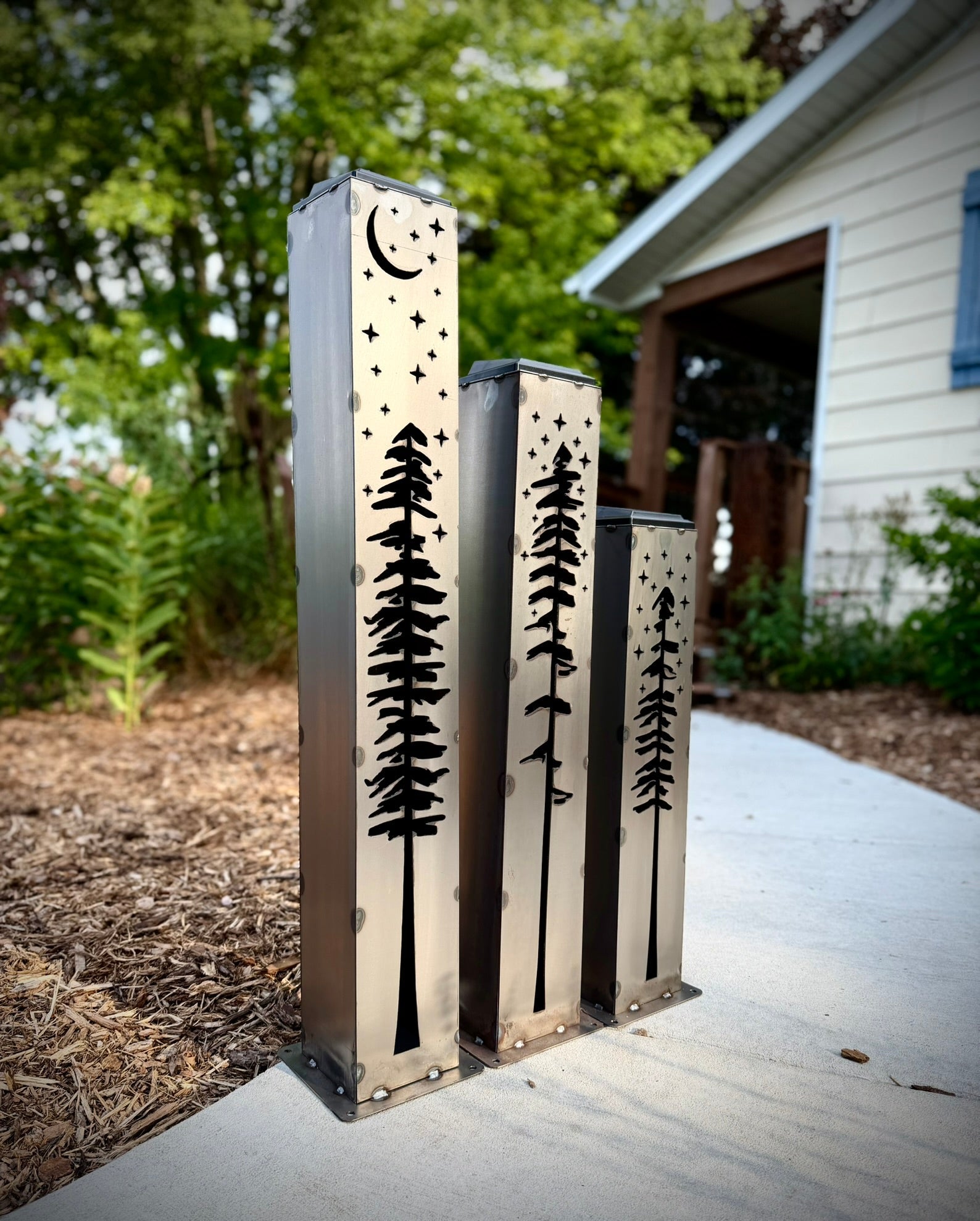 XL Pine Night Sky Solar Luminary Pillar | Steel - cabin decor - christmas - Northern Forge, LLC