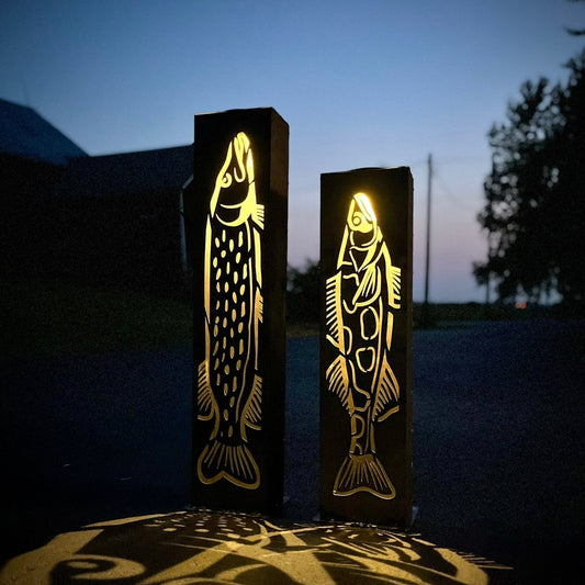 XL Steel Fish Luminary Pillar | 30 & 36 in. - fish light - fish luminary - Northern Forge, LLC