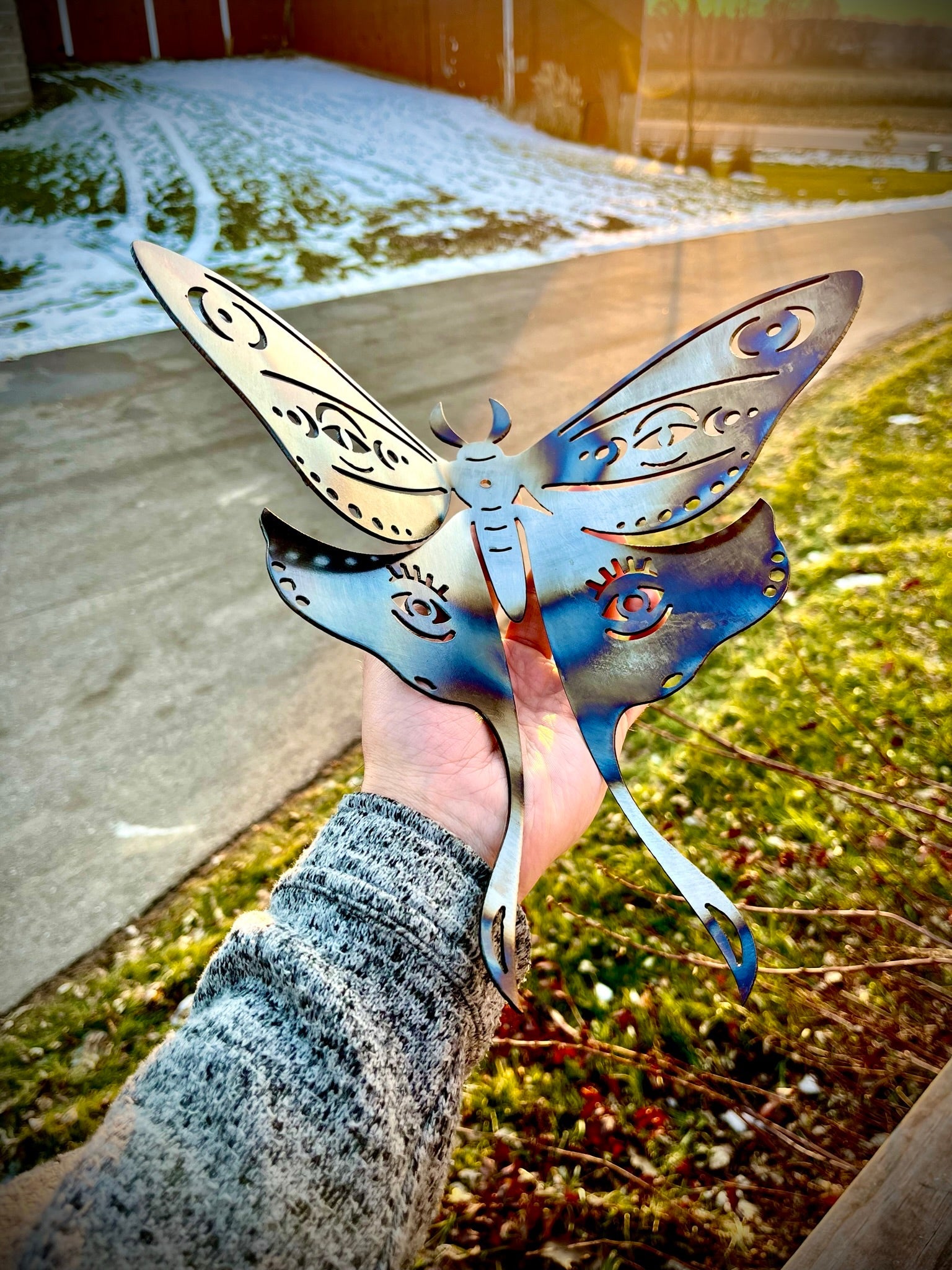 Flame Painted Steel Luna Moth - metal butterfly - metal monarch - Northern Forge, LLC