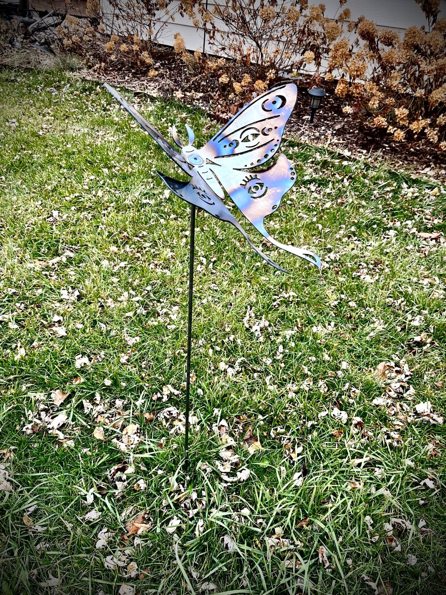 Flame Painted Steel Luna Moth Yard Art w/ Stake - garden - garden art - Northern Forge, LLC