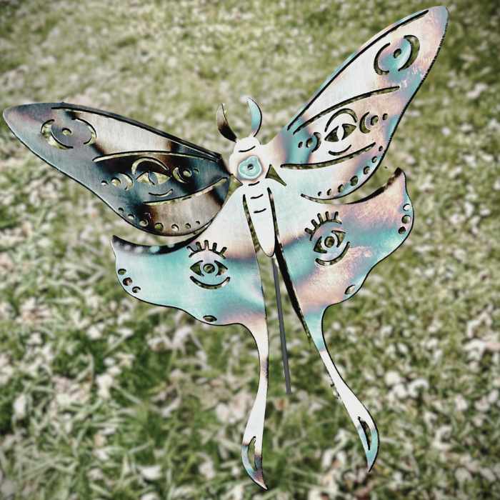 Flame Painted Steel Luna Moth Yard Art w/ Stake - garden - garden art - Northern Forge, LLC