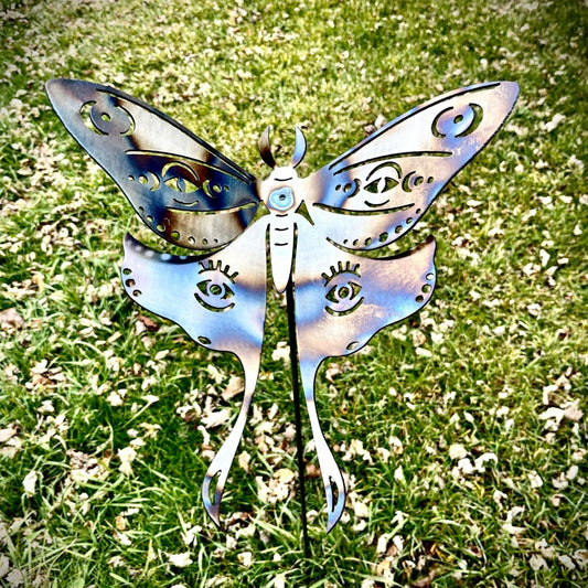 Flame Painted Steel Luna Moth Yard Art w/ Stake - garden - garden art - Northern Forge, LLC