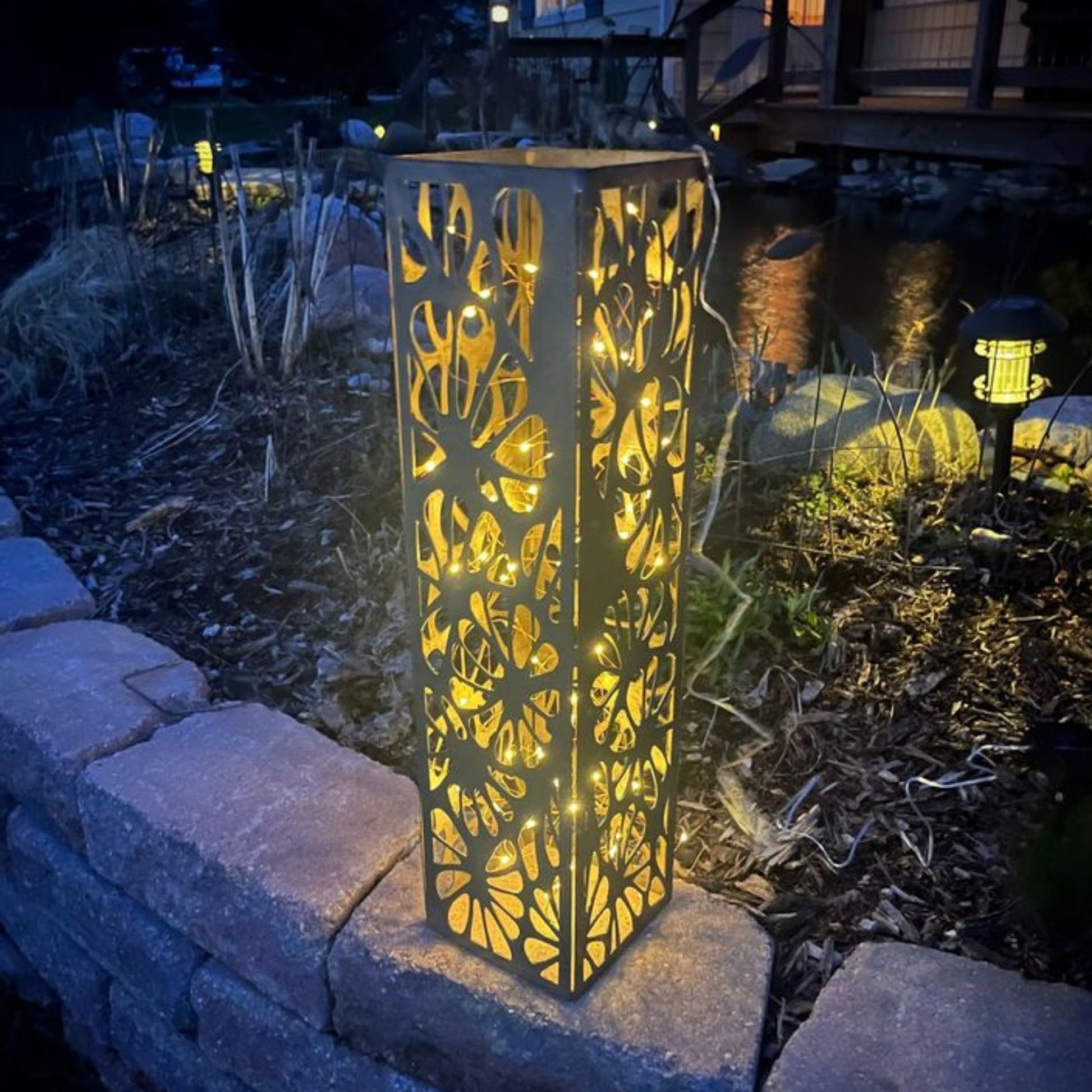 Floral Burst Steel Luminary Pillar | 24 in. - flower pillar - landscape lighting - Northern Forge, LLC