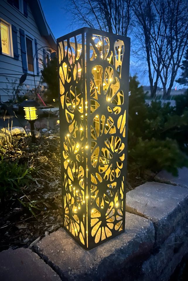 Floral Burst Steel Luminary Pillar | 24 in. - flower pillar - landscape lighting - Northern Forge, LLC