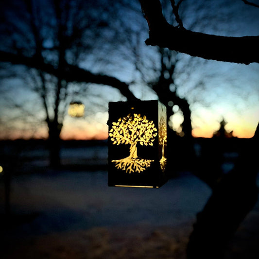 Hanging Basswood Tree & Roots Steel Solar Cube | 6.5 in. - accent lights - hanging solar light - Northern Forge, LLC