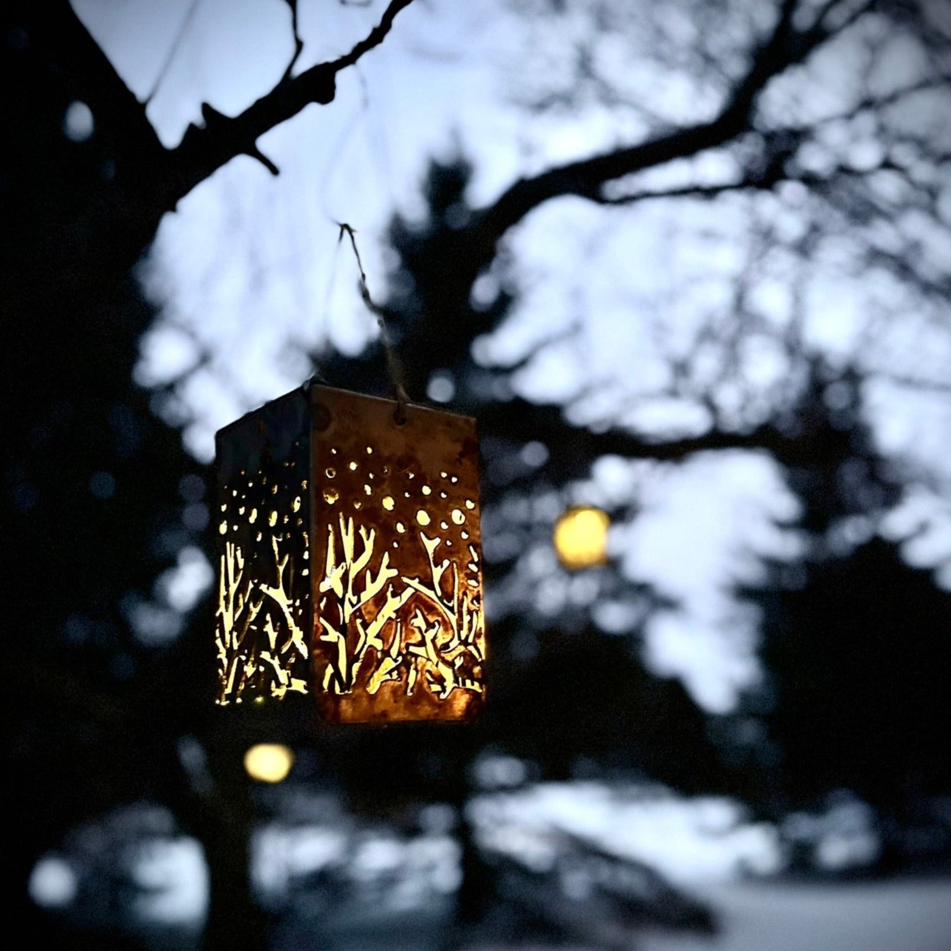 Hanging Starry Forest Steel Solar Cube | 6.5 in. - accent lights - hanging solar light - Northern Forge, LLC