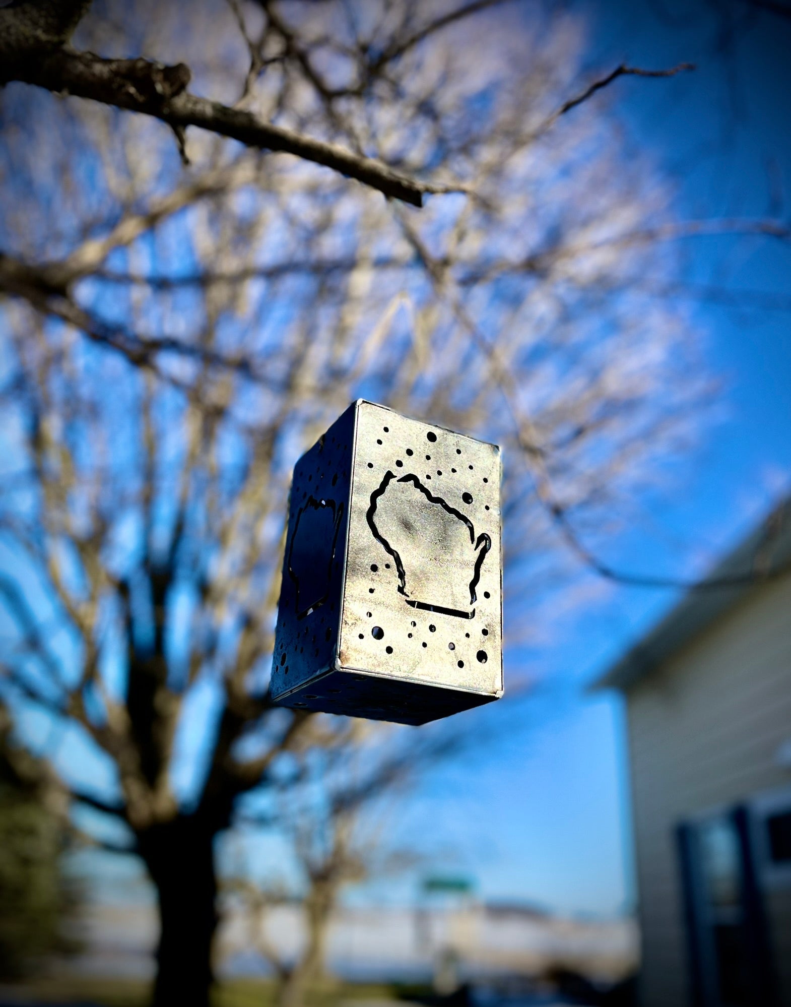 Hanging WI Stars Steel Solar Cube | 6.5 in. - accent lights - hanging solar light - Northern Forge, LLC