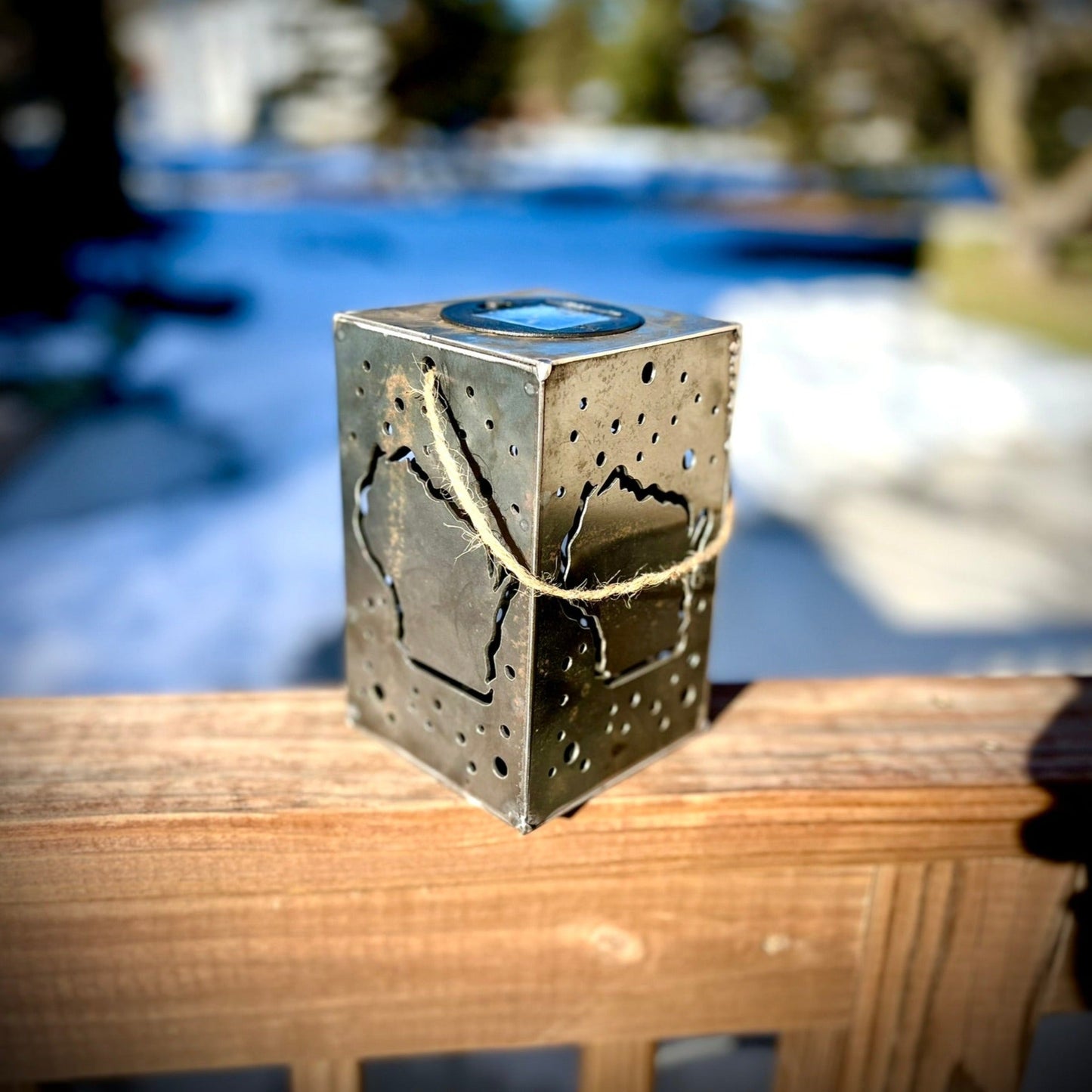 Hanging WI Stars Steel Solar Cube | 6.5 in. - accent lights - hanging solar light - Northern Forge, LLC