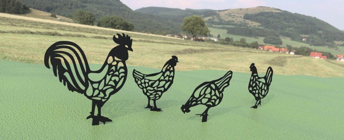 Steel Chickens and Rooster Yard Art - chicken yard art - metal bird - Northern Forge, LLC