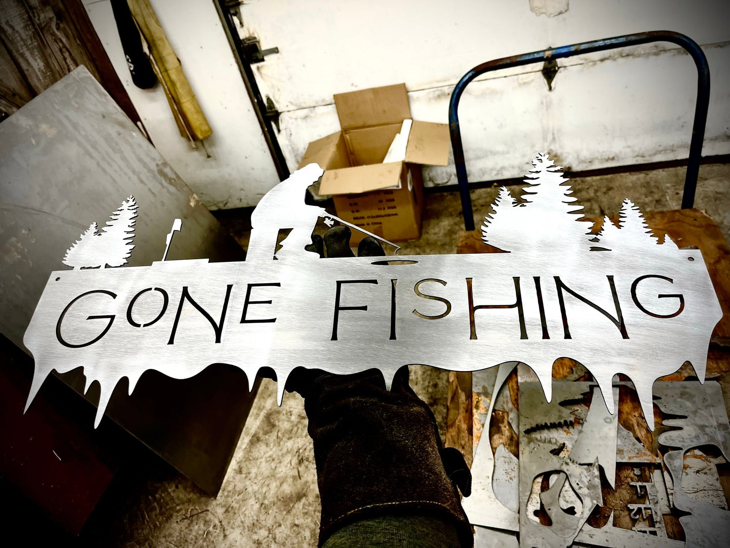 Steel Gone Fishing Ice Fishing Sign Black Paint