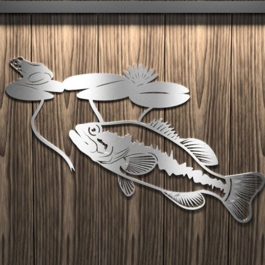 Steel Largemouth Bass Frog Lily Pad - cabin sign - fish - Northern Forge, LLC