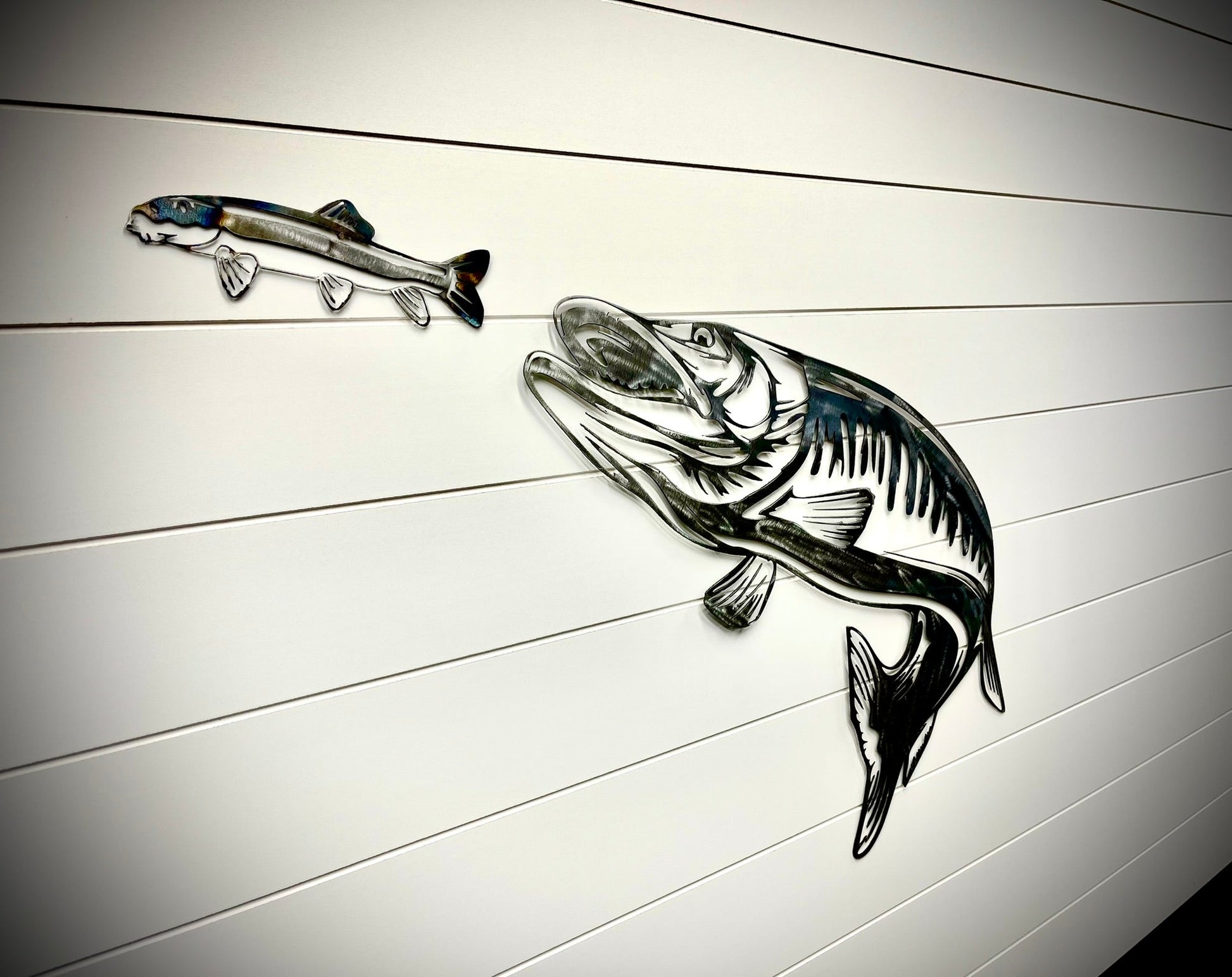 Steel Musky Chasing Sucker Wall Art - cabin sign - fish - Northern Forge, LLC